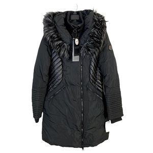 NOIZE Sam Vegan Faux Fur Trimmed Hooded Black Parka Coat Sz Small/Petite